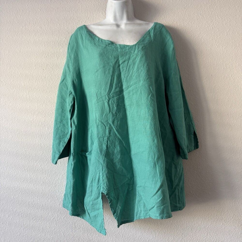 Niche Nilgun Derman Linen Blend Tunic Blouse XL Green Check Boat Neck Asym Hem